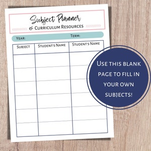 Unit study planner and subject and curriculum planner. A printable planner for homeschool planning, lesson planner, and classroom use.