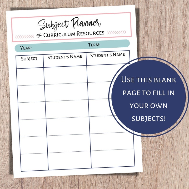Unit study planner and subject and curriculum planner. A printable planner for homeschool planning, lesson planner, and classroom use.
