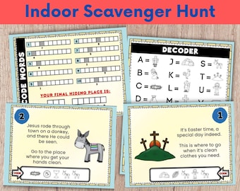 Easter Scavenger Hunt Cards, Easter Bible Trivia, Indoor Scavenger Hunt, Easter Treasure Hunt, Holy Week for Kids, Easter Clue Cards