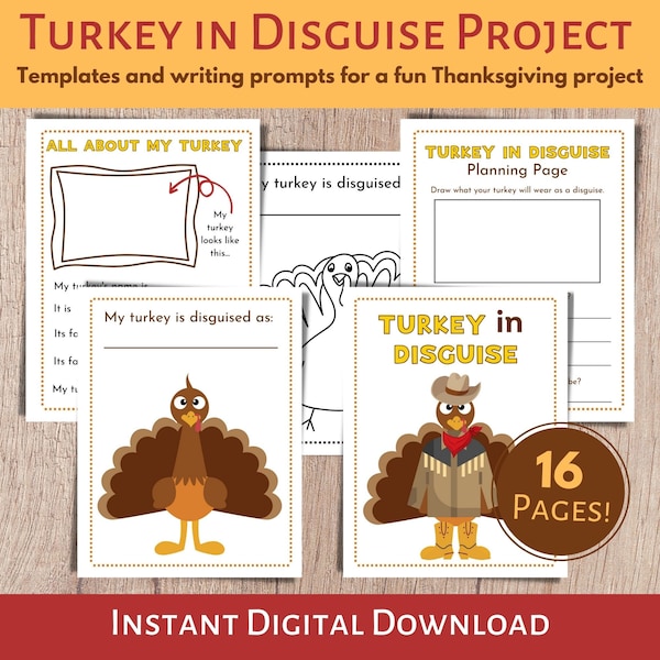 Turkey in Disguise Project, Turkey Trouble Disguise, Thanksgiving Printable, Kids Fall Craft, Hide the Turkey Activity, Thanksgiving Writing