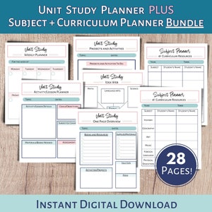 Unit study planner and subject and curriculum planner. A printable planner for homeschool planning, lesson planner, and classroom use.