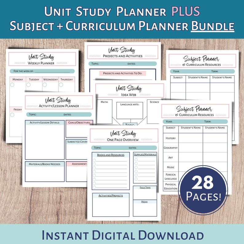 Unit study planner and subject and curriculum planner. A printable planner for homeschool planning, lesson planner, and classroom use.