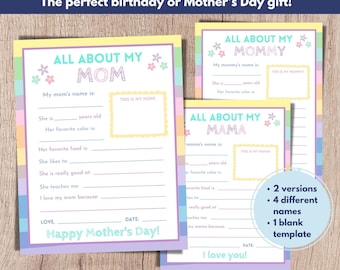 All About My Mom Printable, Printable Mother's Day Gift, Mom Questionnaire, Mother's Day Activity, Birthday Gift For Mom, Letter to Mom