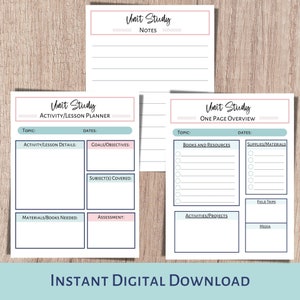 Unit study planner and subject and curriculum planner. A printable planner for homeschool planning, lesson planner, and classroom use.