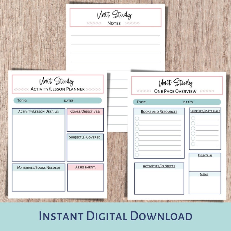 Unit study planner and subject and curriculum planner. A printable planner for homeschool planning, lesson planner, and classroom use.