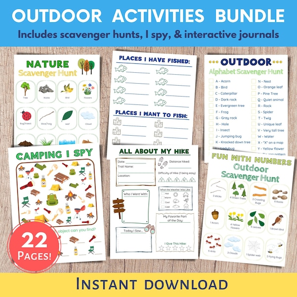 Printable Outdoor Activities for Kids Bundle, Nature Games, Camping I spy, Outdoor Scavenger Hunts, Travel Games, Interactive Kids Journal