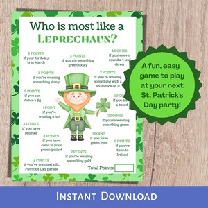 St patricks day game. A printable who is most like a leprechaun game.