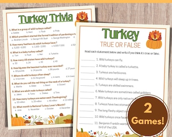 Peut inclure: Deux cartes de jeu de trivia de Thanksgiving imprimables sur le thème de la dinde. La première carte propose un jeu de trivia sur la dinde avec 11 questions. La deuxième carte propose un jeu de vrai ou faux avec 11 affirmations. Les deux cartes ont un thème automnal festif avec des dindes, des feuilles et des glands.