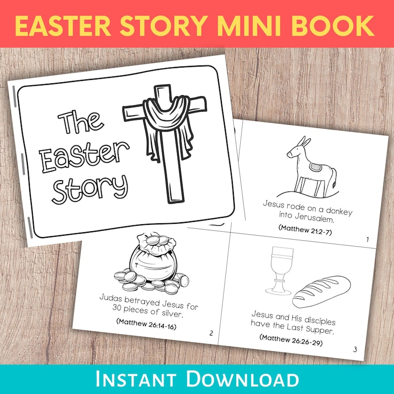 Printable Easter story coloring mini book as a holy week or Easter Sunday craft activity.