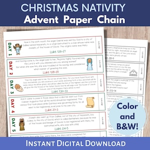 Calendario dell'Avvento con catena di carta, Stampabile della Natività, Calendario dell'Avvento per bambini, Conto alla rovescia di Natale, Pagina da colorare della Natività, Storia della Natività