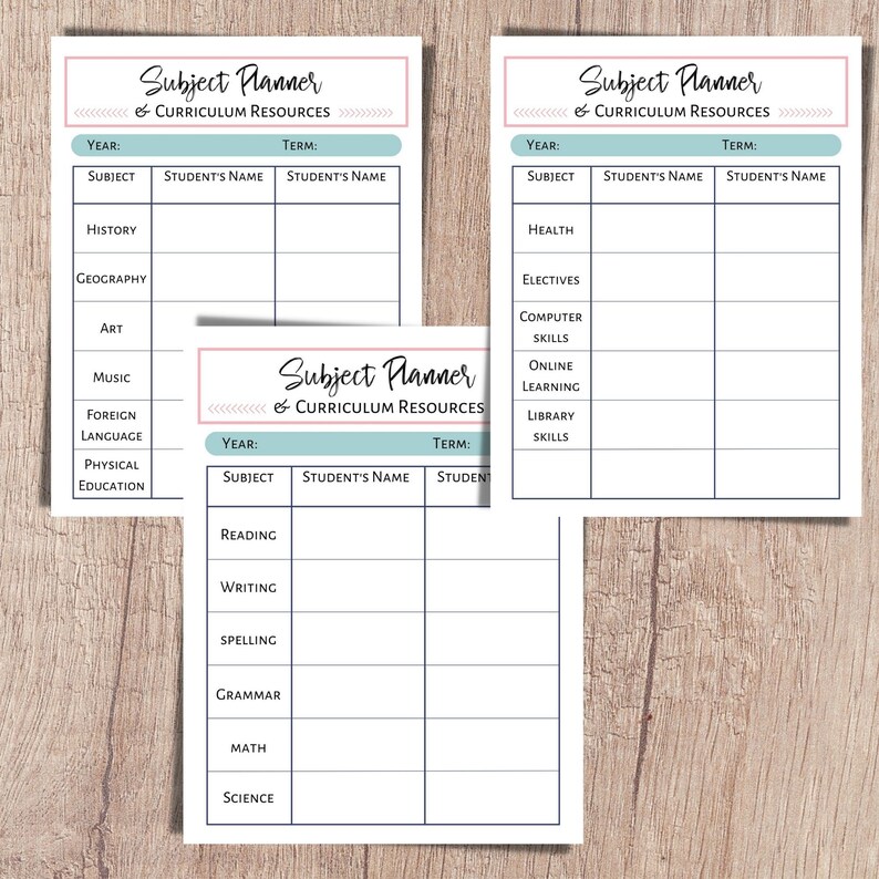 Unit study planner and subject and curriculum planner. A printable planner for homeschool planning, lesson planner, and classroom use.