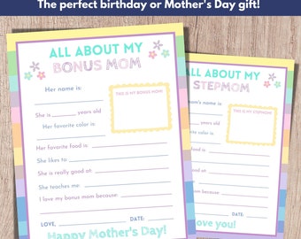 All About My Bonus Mom, Stepmom Gift, Printable Mother's Day Gift, Mother's Day Activity, Bonus Mom Questionnaire, Birthday Gift For Mom