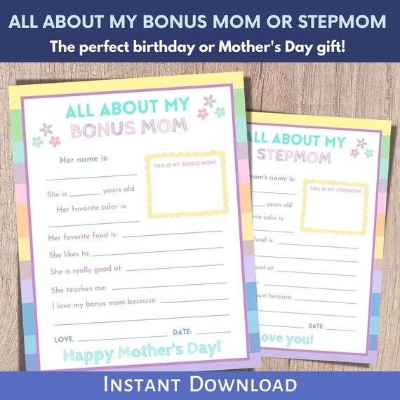 All About My Bonus Mom, Stepmom Gift, Printable Mother's Day Gift, Mother's Day Activity, Bonus Mom Questionnaire, Birthday Gift For Mom