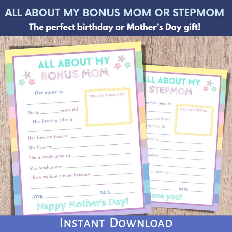 All about my bonus mom printable mothers day gift. Stepmom printable gift from kids.