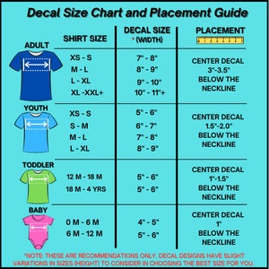 May include: A chart with a turquoise background showing decal size and placement recommendations for different shirt sizes. The chart includes sizes for adult, youth, toddler, and baby shirts. The chart shows the recommended decal size in inches and the placement of the decal on the shirt in inches.