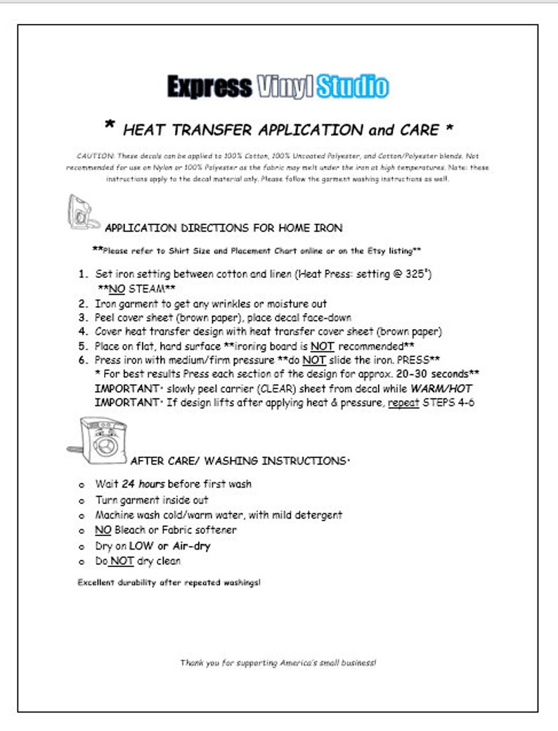 May include: Instructions for applying heat transfer vinyl to fabric using a home iron. The instructions include setting the iron temperature, pressing time, and after-care instructions. The image includes a diagram of an iron and a washing machine.