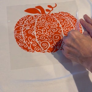 May include: A white t-shirt with an orange pumpkin design. The pumpkin is filled with white swirls.