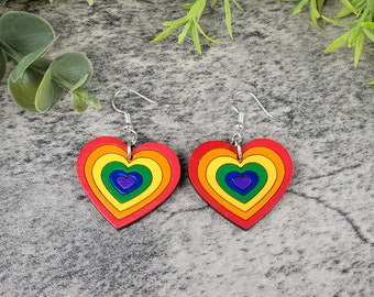 Rainbow Heart Gay Pride Dangles, Cute Hypoallergenic Handmade Jewelry, Statement Earrings, Best Friend Gift, LGBTQIA+ Present, Love is Love