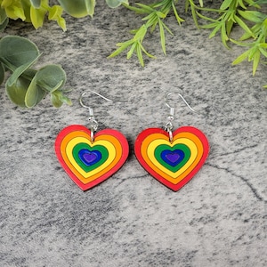 Rainbow Heart Gay Pride Dangles, Cute Hypoallergenic Handmade Jewelry, Statement Earrings, Best Friend Gift, LGBTQIA+ Present, Love is Love