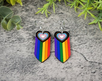 Heart Progress Pride Flag Dangle, Unique Rainbow Earrings, Hypoallergenic Handmade Jewelry, Cool Thank You Gift, LGBTQ Present, Love is Love