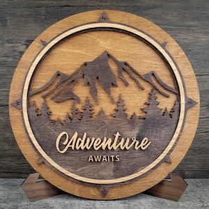 Rustic Adventure Awaits Wood Wall Art, Layered Compass Rose Sign, Cabin, Ski Lodge, Camper Décor, Housewarming Gift, Unique Retirement Gift