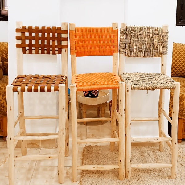 tabouret de bar fait main bois naturel avec cuir de chameau - fibres organiques - corde