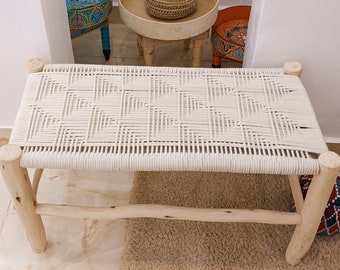 Banc en bois massif et tressage de corde tressée, banc maroc, chaise Ratan et bois, chaise boho faite à la main