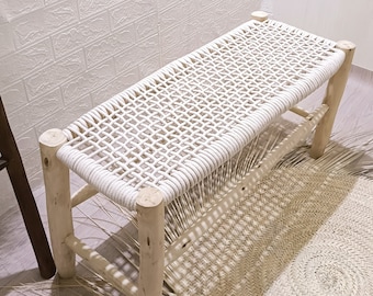 Handmade Moroccan Wood Bench with Cotton Rope Weave