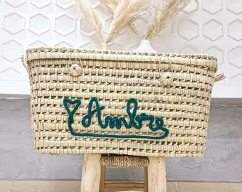 Panier rangement en osier personnalisé - Coffre et panier de rangement en feuilles de palmier - cadeau spécial pour enfant, chambre d'enfant