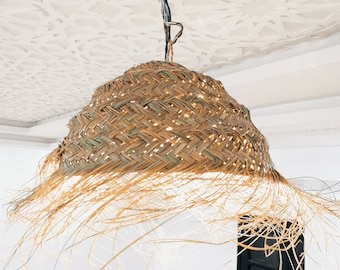 Abat-jour en jonc de mer : lustre marocain fait main en feuille de palmier