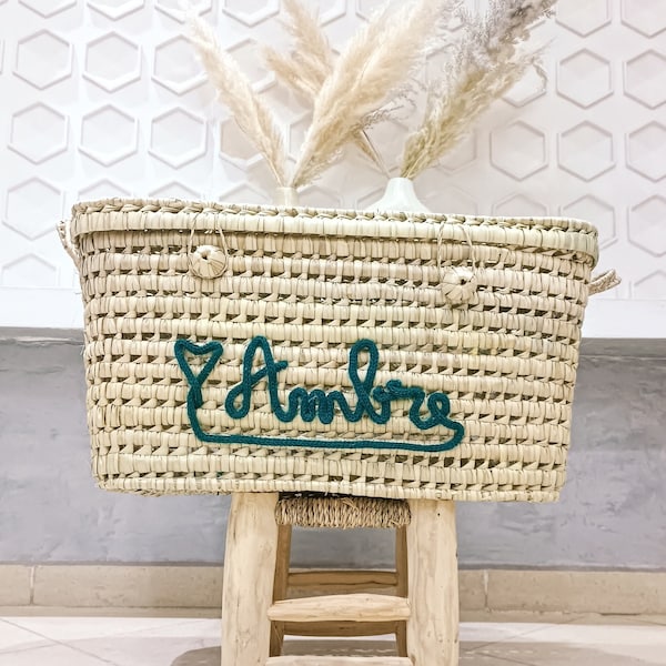 Panier rangement en osier personnalisé  - Coffre et panier de rangement en feuilles de palmier - cadeau spécial pour enfant, nursery decor