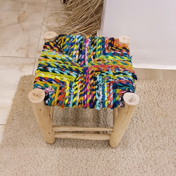 wood solid handmade stool, kids chair, nursery room decor boucherouit multicolor rope
