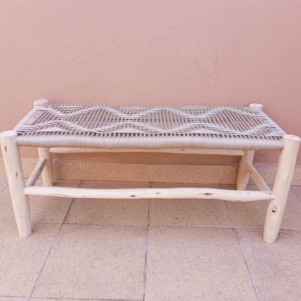 Banc en bois massif et tressage fait main, banc maroquin, méridienne, chaise boho faite à la main