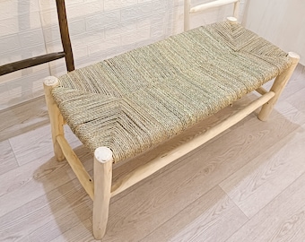 Banc en bois massif et tressage naturel, banc en rotin, banc en bois, banc d'entrée, tabouret naturel, décor marocain.