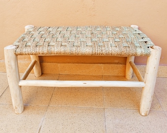 Handmade Moroccan Wood Bench, Natural Woven Seat, Boho Decor