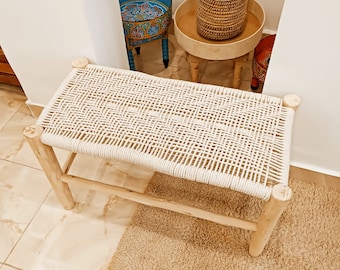 Handmade Moroccan Wood Bench with Woven Cord Seat