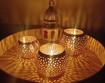 Handmade Brass Morrocan Tealight Holder - Metal candle holder Round Brass Candle ,Moroccan Candle Holders| valentine gift, arabic lantern
