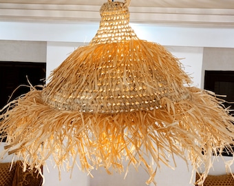 Hangparasol en paille doum fiber naturelle tressée & raphia