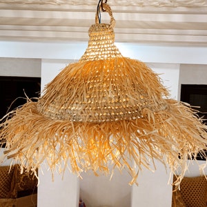 Suspension parasol en paille doum fibre naturelle tressée & raphia