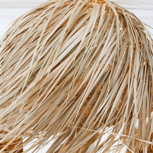 May include: A natural woven pendant light fixture made of light brown, dried palm leaves. The light fixture is round and has a shaggy, textured appearance.