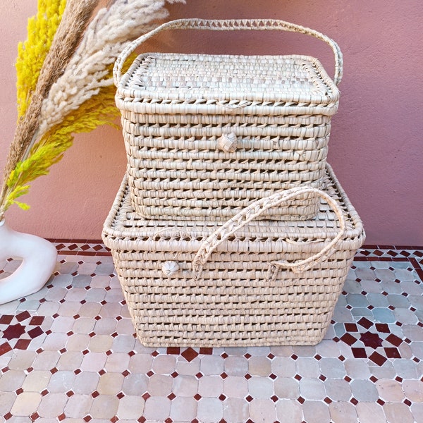 Duo Coffre de rangement en osier 50+ 40 cm - Coffre et panier de rangement pique nique en feuilles de palmier -