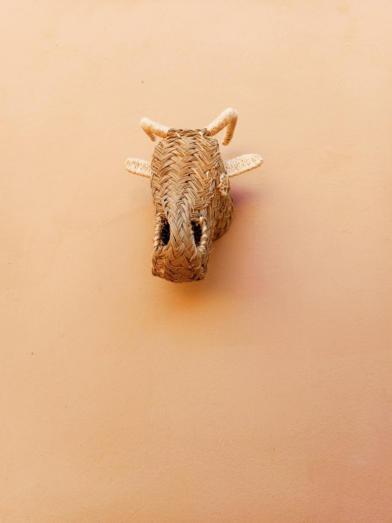 May include: A woven straw bull's head mounted on a light orange wall.
