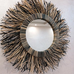 Raphia Mirror - Black and white  Mirror  -  boho deco - wall decoration