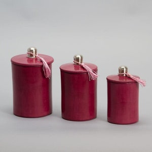 Può includere: Tre contenitori di stoccaggio cilindrici con coperchi e nappine rosa. I contenitori sono realizzati in materiale rosso scuro e hanno un coperchio argentato.