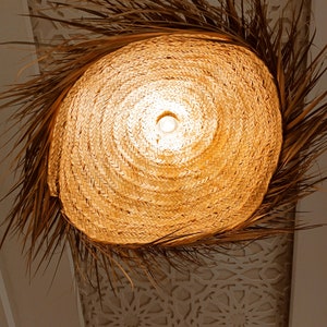 May include: A woven, round, straw lampshade with a light bulb inside. The lampshade is surrounded by dried palm fronds.