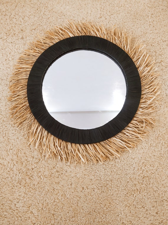 Handmade Raphia Mirror: Black Boho Wall Decor (55cm)