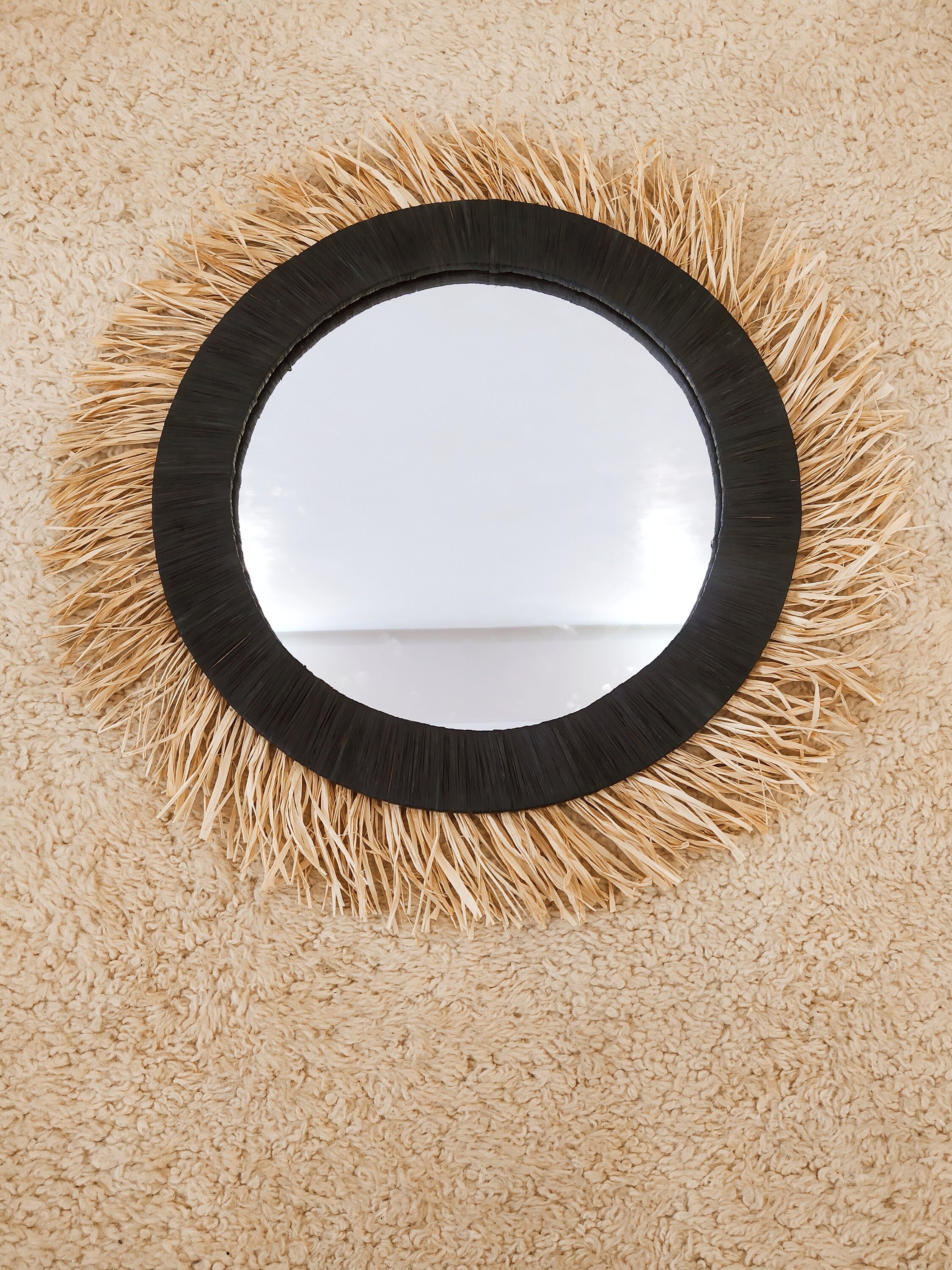 Raphia Mirror - soleil Miroir noir - miroir boho - miroir mural