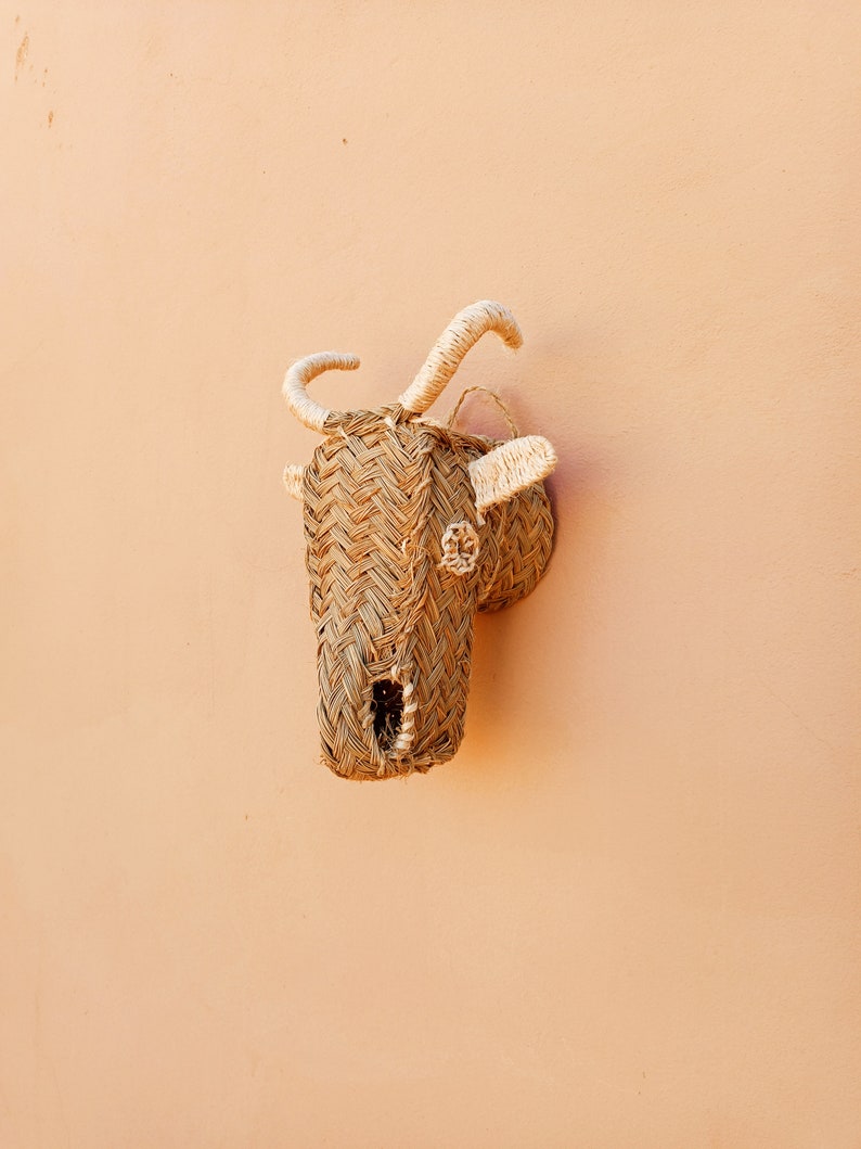 May include: A woven straw animal head wall decor in the shape of a goat with white rope horns. The goat head is mounted on a light peach wall.