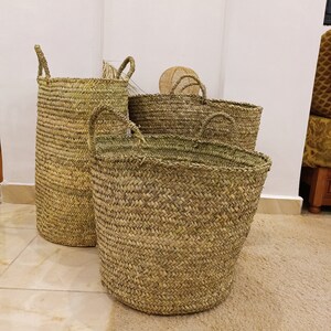May include: Four woven seagrass baskets of varying sizes, with two of the baskets having handles. The baskets are sitting on a light brown rug.