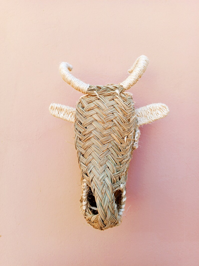 May include: A woven straw bull head wall hanging with white rope accents. The bull head is brown and has a hole in the center.